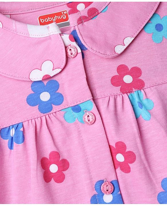 Babyhug Cotton Knit Full Sleeves Top & Pyjama Co-ord Night Suit with Floral Print - Pink