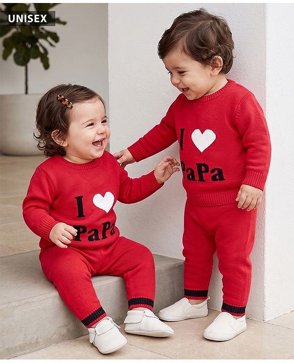 Babyhug Knit Full Sleeves Text Printed  Sweater Set - Red