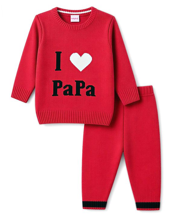 Babyhug Knit Full Sleeves Text Printed  Sweater Set - Red