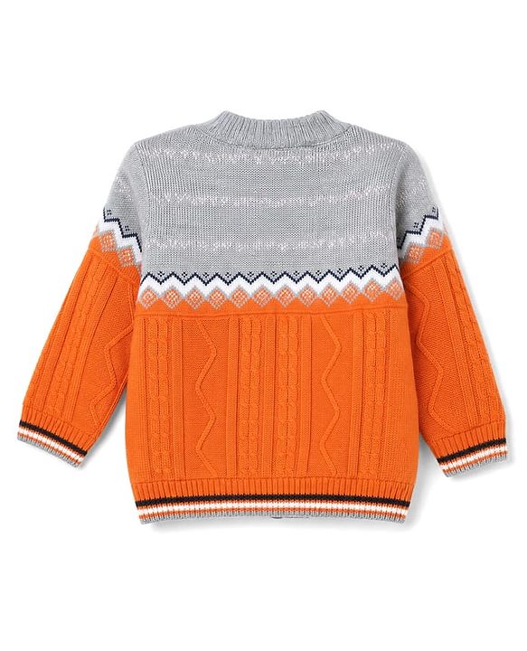Babyhug Knit Full Sleeves Front Open Sweater with Cable Knit Design - Orange