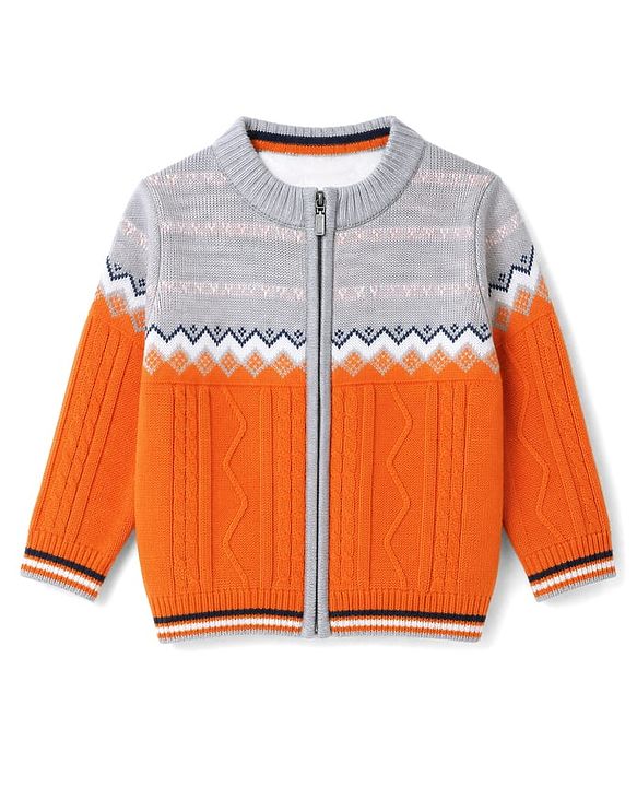 Babyhug Knit Full Sleeves Front Open Sweater with Cable Knit Design - Orange