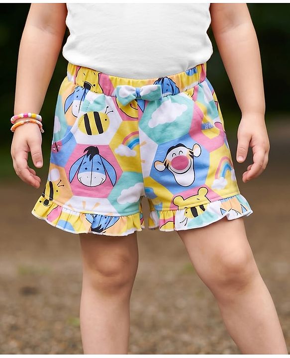 Babyhug Disney 100% Cotton Knit Knee Length Shorts With Winnie The Pooh Graphic & Bow Applique - Multicolor