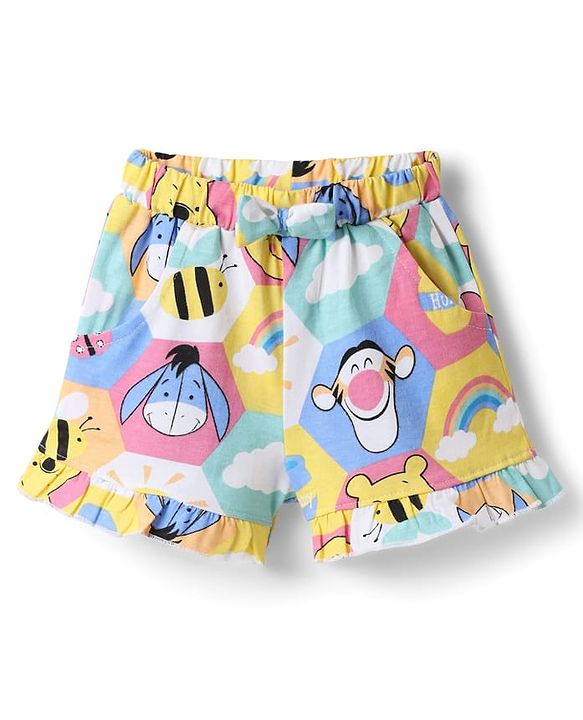 Babyhug Disney 100% Cotton Knit Knee Length Shorts With Winnie The Pooh Graphic & Bow Applique - Multicolor