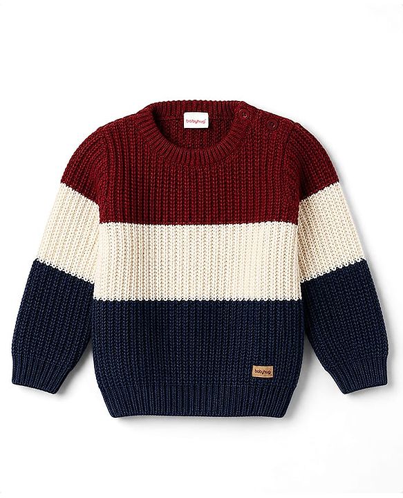 Babyhug Knit Full Sleeves Colour Block Pullover - Maroon Navy & White