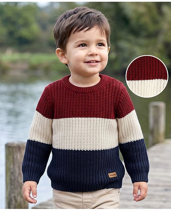 Babyhug Knit Full Sleeves Colour Block Pullover - Maroon Navy & White