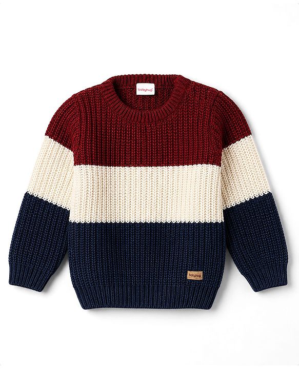 Babyhug Knit Full Sleeves Colour Block Pullover - Maroon Navy & White