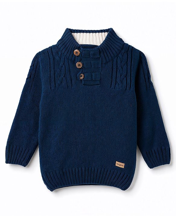 Babyhug Knit Full Sleeves Pullover Sweater With Cable Knit Design - Navy Blue