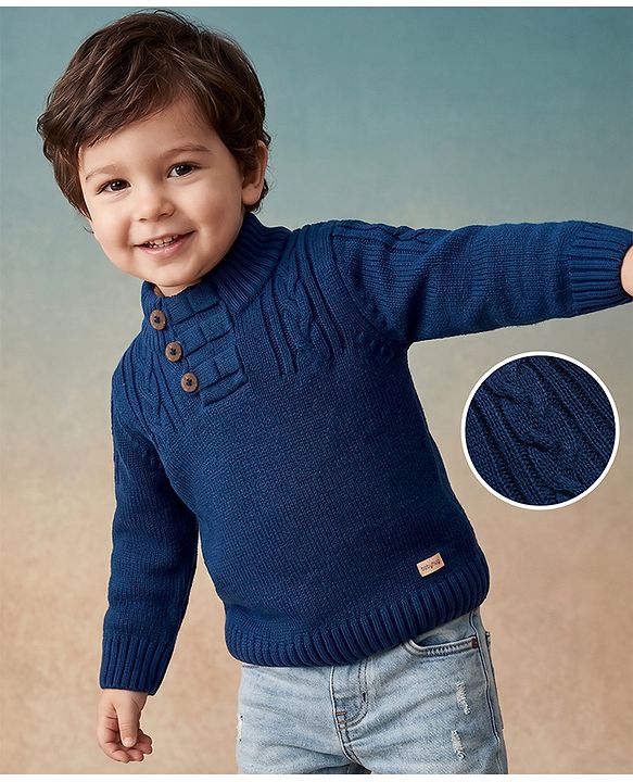 Babyhug Knit Full Sleeves Pullover Sweater With Cable Knit Design - Navy Blue