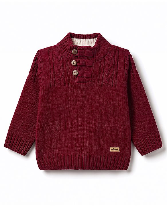 Babyhug Knit Full Sleeves Sweater With Cable Knit Design - Maroon