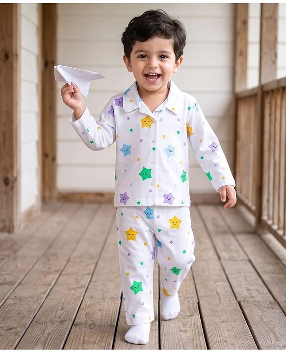 Babyhug 100% Cotton Knit Full Sleeves Co-Ords Shirt & Pajama Night Suit Star Print - White