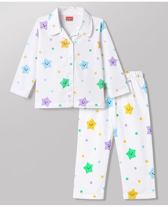 Babyhug 100% Cotton Knit Full Sleeves Co-Ords Shirt & Pajama Night Suit Star Print - White