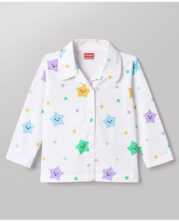 Babyhug 100% Cotton Knit Full Sleeves Co-Ords Shirt & Pajama Night Suit Star Print - White