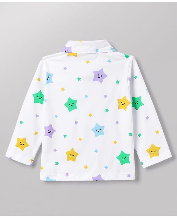 Babyhug 100% Cotton Knit Full Sleeves Co-Ords Shirt & Pajama Night Suit Star Print - White