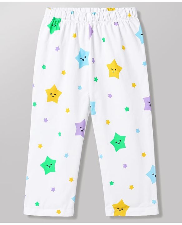Babyhug 100% Cotton Knit Full Sleeves Co-Ords Shirt & Pajama Night Suit Star Print - White