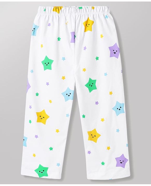 Babyhug 100% Cotton Knit Full Sleeves Co-Ords Shirt & Pajama Night Suit Star Print - White