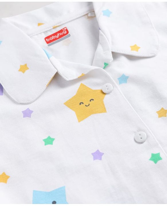 Babyhug 100% Cotton Knit Full Sleeves Co-Ords Shirt & Pajama Night Suit Star Print - White