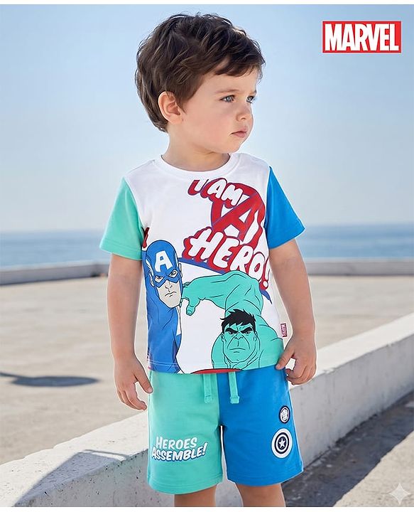 Babyhug Marvel Single Jersey Knit Half Sleeves T-Shirt & Shorts Set With Avengers Graphics - Multicolor