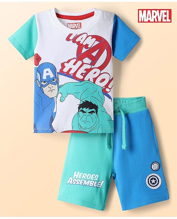 Babyhug Marvel Single Jersey Knit Half Sleeves T-Shirt & Shorts Set With Avengers Graphics - Multicolor