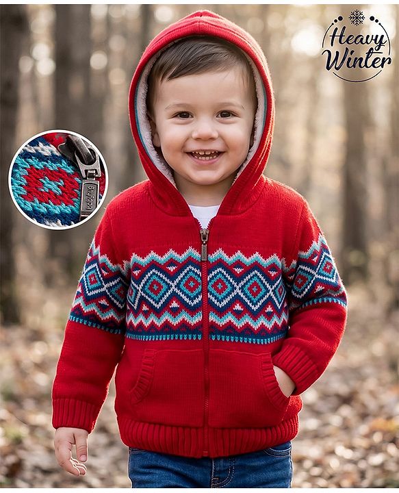 Babyhug Knit Full Sleeves Front Open Hooded Sweater with Argyle Design -Red