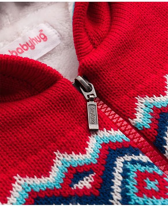 Babyhug Knit Full Sleeves Front Open Hooded Sweater with Argyle Design -Red