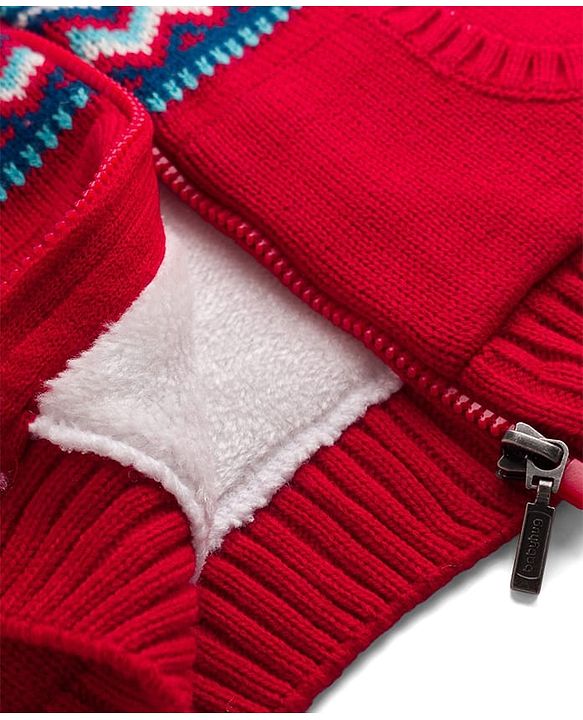 Babyhug Knit Full Sleeves Front Open Hooded Sweater with Argyle Design -Red