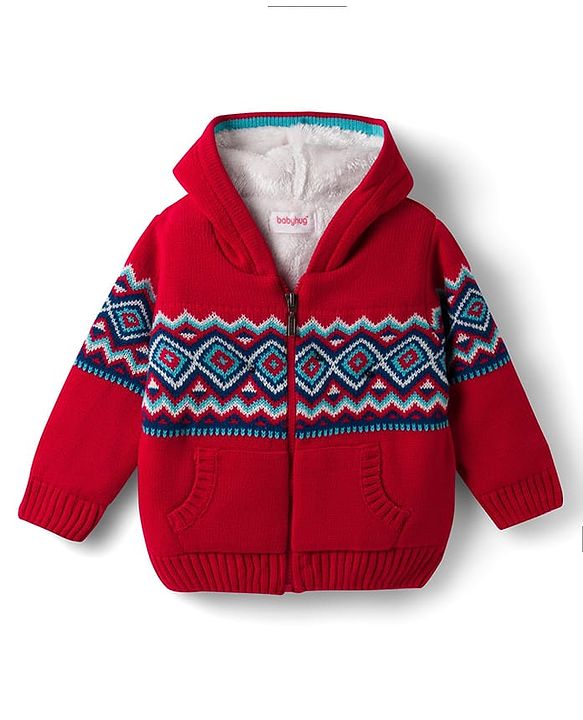Babyhug Knit Full Sleeves Front Open Hooded Sweater with Argyle Design -Red