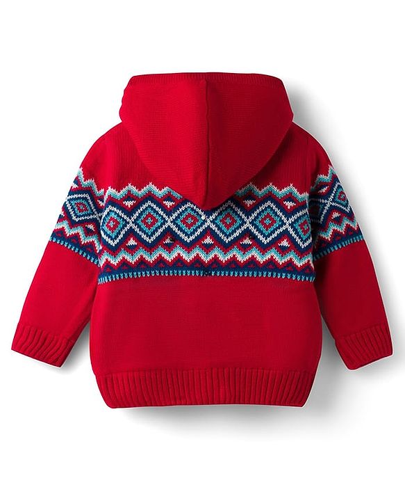 Babyhug Knit Full Sleeves Front Open Hooded Sweater with Argyle Design -Red