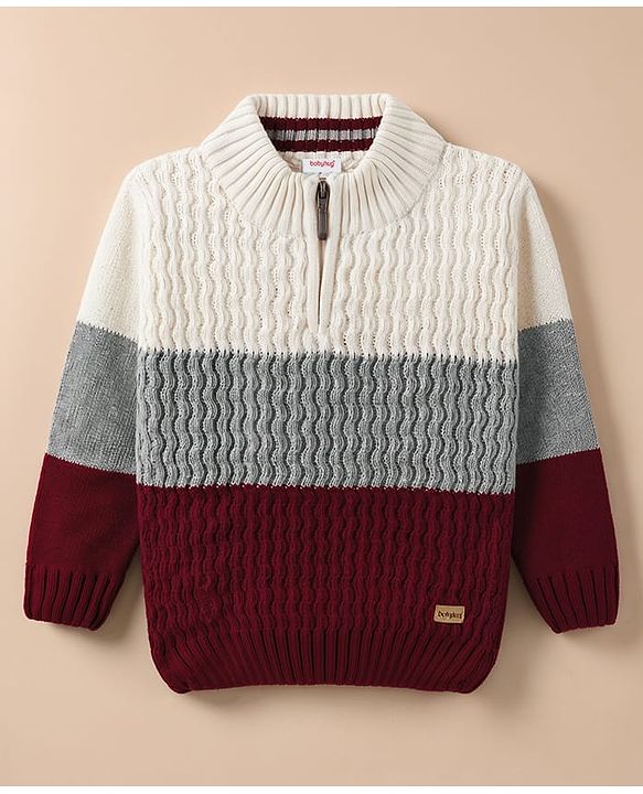 Babyhug Knit Full Sleeves Solid Colour Block High Neck Pullover- White