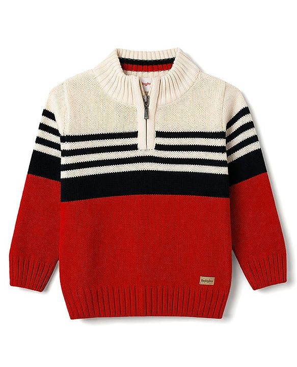 Babyhug Knit Full Sleeves Pullover with Colour Block Stripe Design - Red
