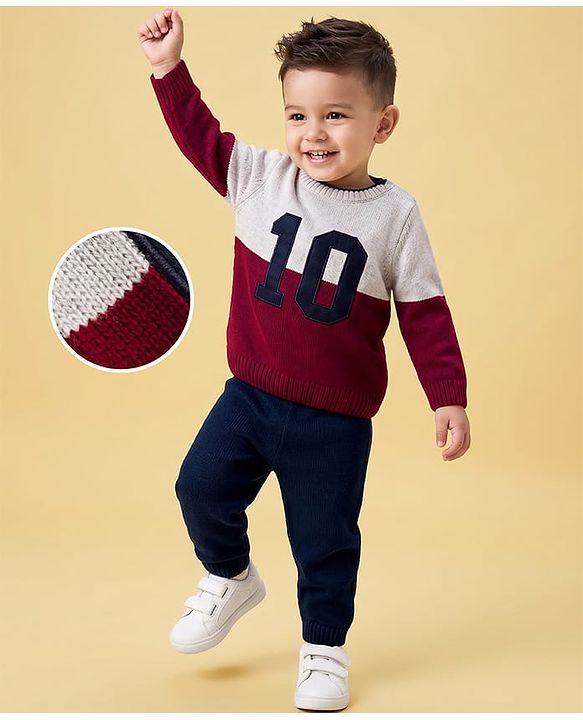 Babyhug Knit Full Sleeves Number Embroidered Sweater Set - Grey & Navy Blue