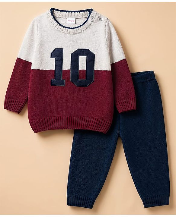 Babyhug Knit Full Sleeves Number Embroidered Sweater Set - Grey & Navy Blue