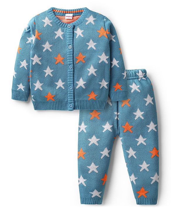 Babyhug Knit Full Sleeves Front Open Sweater Set with Star Design - Blue