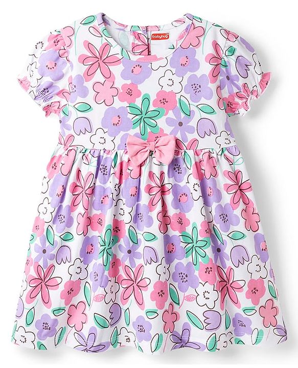 Babyhug 100% Cotton Knit Half Sleeves Floral Printed Frock With Bow Applique - White