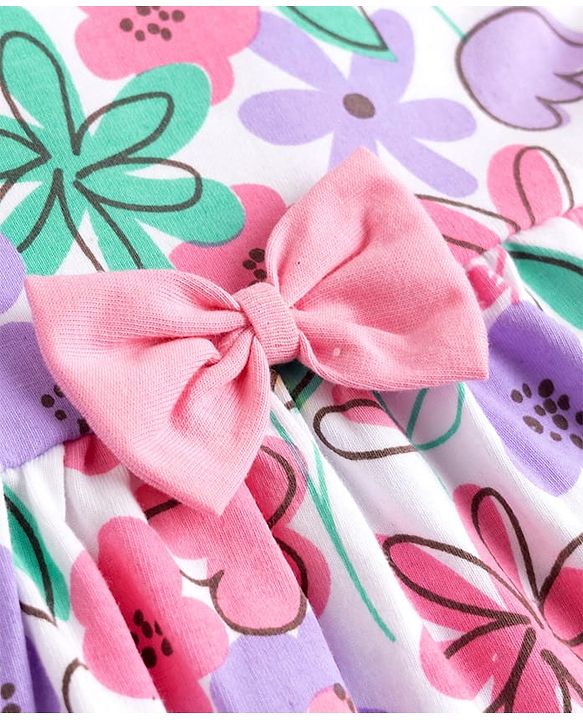 Babyhug 100% Cotton Knit Half Sleeves Floral Printed Frock With Bow Applique - White