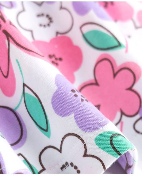 Babyhug 100% Cotton Knit Half Sleeves Floral Printed Frock With Bow Applique - White