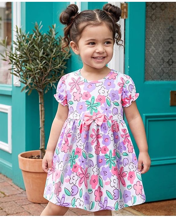 Babyhug 100% Cotton Knit Half Sleeves Floral Printed Frock With Bow Applique - White