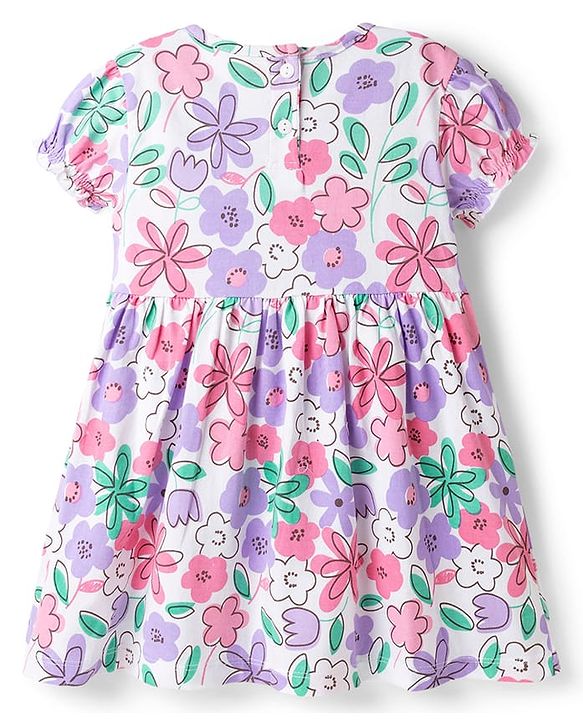 Babyhug 100% Cotton Knit Half Sleeves Floral Printed Frock With Bow Applique - White