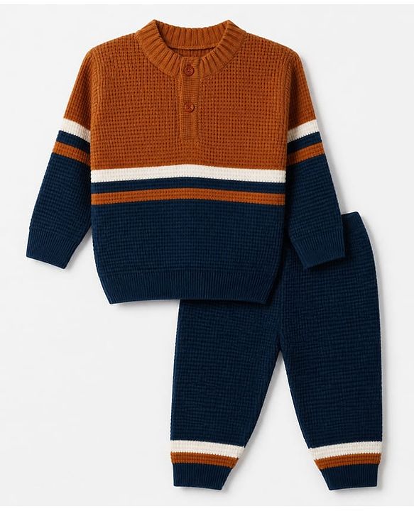 Babyhug Knit Full Sleeves Sweater Set with Color Block Design - Navy Blue