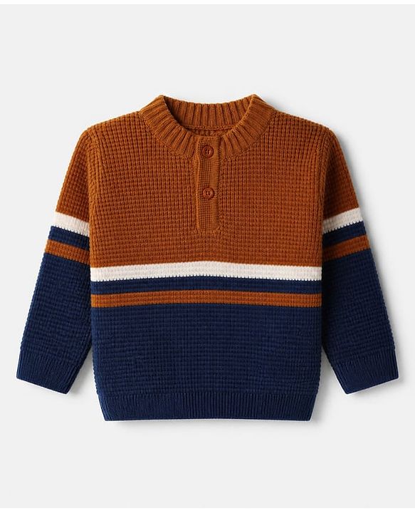 Babyhug Knit Full Sleeves Sweater Set with Color Block Design - Navy Blue
