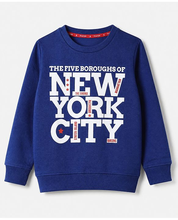 Pine Kids Cotton Mix Knit Sweatshirt with Full Sleeves and The Five Boroughs Of New York City Text Print - Navy Blue