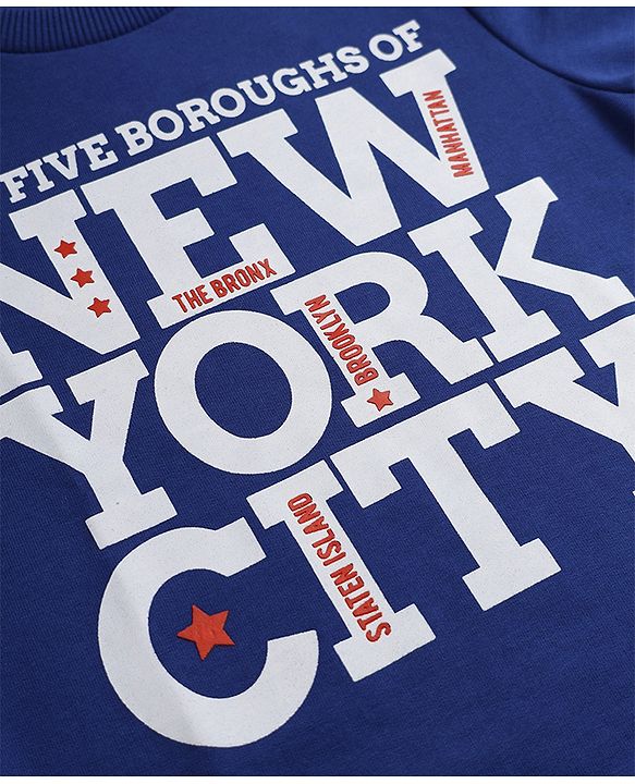 Pine Kids Cotton Mix Knit Sweatshirt with Full Sleeves and The Five Boroughs Of New York City Text Print - Navy Blue