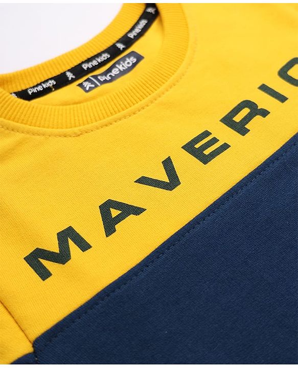 Pine Kids Cotton Mix Knit Sweatshirt with Full Sleeves and Maverick Print in Navy Blue