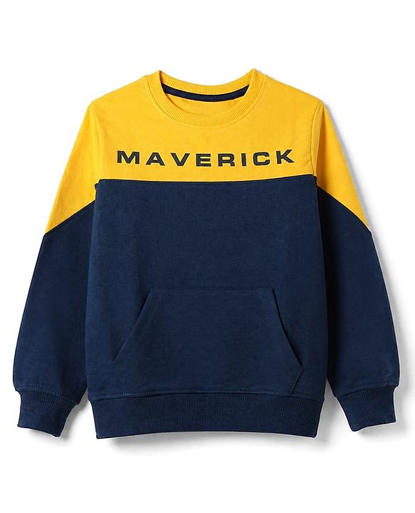 Pine Kids Cotton Mix Knit Sweatshirt with Full Sleeves and Maverick Print in Navy Blue