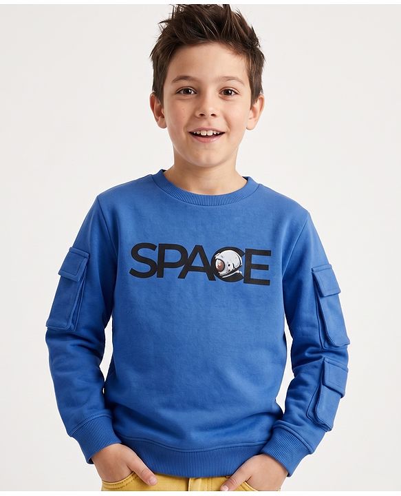 Pine Kids Cotton Mix Knit Full Sleeves Sweatshirts With Space Text Print - Navy Blue