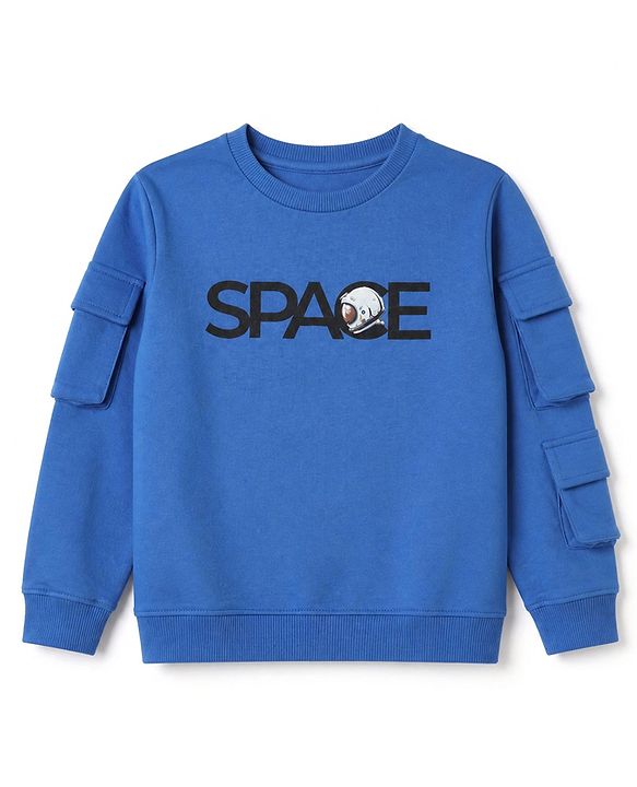Pine Kids Cotton Mix Knit Full Sleeves Sweatshirts With Space Text Print - Navy Blue