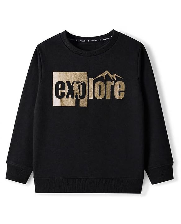 Pine Kids Cotton Mix Knit Full Sleeves Sweatshirt with Explore Text Foil Print in Black