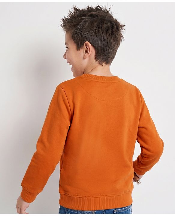 Pine Kids Cotton Mixes Knit Sweatshirt with Full Sleeves and Forest Print - Orange