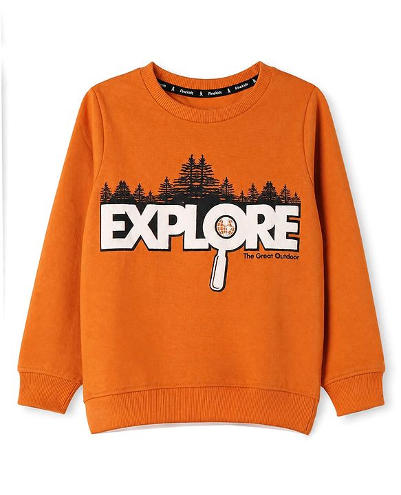 Pine Kids Cotton Mixes Knit Sweatshirt with Full Sleeves and Forest Print - Orange