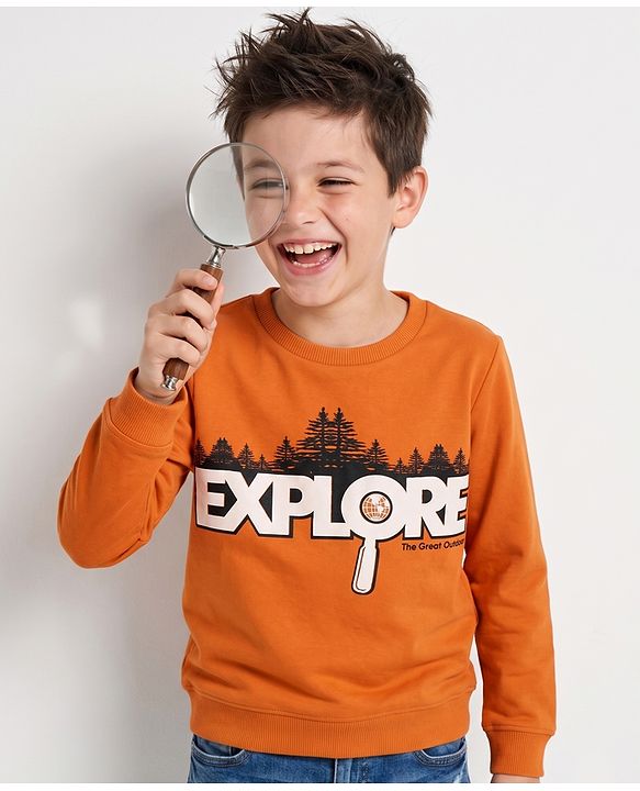 Pine Kids Cotton Mixes Knit Sweatshirt with Full Sleeves and Forest Print - Orange