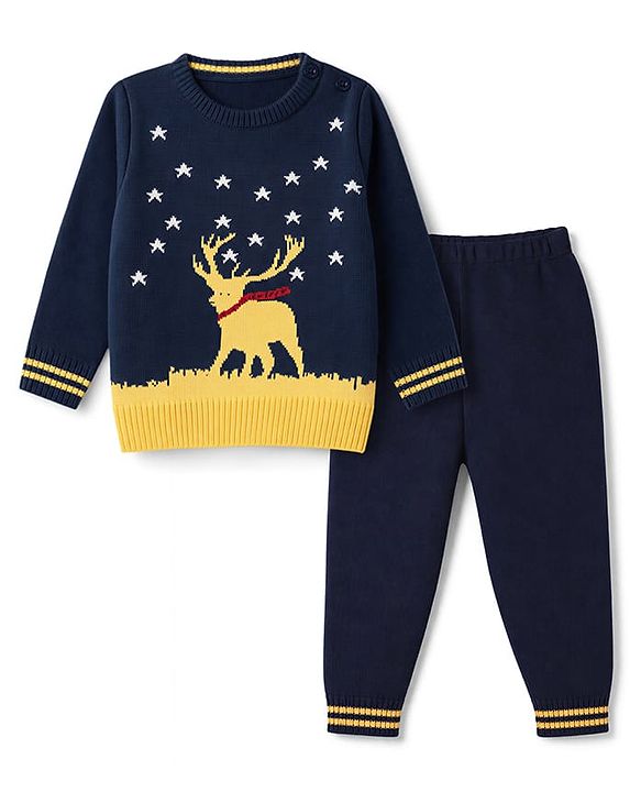 Babyhug Knit Full Sleeves Sweater Set With Stars & Reindeer Design - Navy Blue